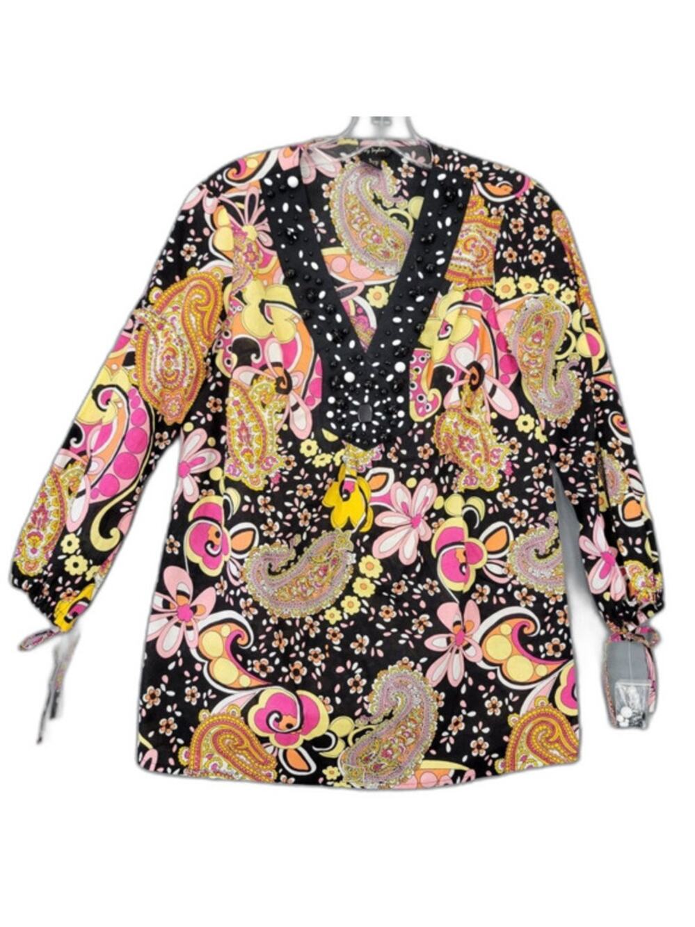 Sunny Taylor Black Boho Paisley Floral Shirt NEW Beaded V-Neck Top Womens Size S